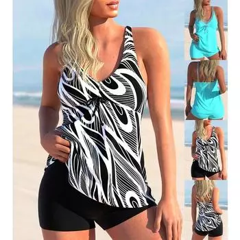 Новинка 2024 года, летний женский обычный пляжный комплект танкини, купальник-монокини, купальник из двух предметов, модный купальник танкин с принтом S чёрный