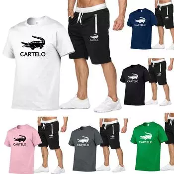 Новинка 2024 года, летняя мода, повседневный мужской спортивный костюм, спортивный костюм, мужской спортивный костюм, хлопковая футболка с короткими рукавами + спортивные штаны, комплект из 2 предметов S чёрный