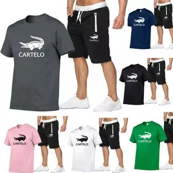 Новинка 2024 года, летняя мода, повседневный мужской спортивный костюм, спортивный костюм, мужской спортивный костюм, хлопковая футболка с короткими рукавами + спортивные штаны, комплект из 2 предметов S чёрный