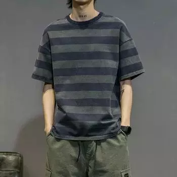 Новинка 2024 года, летняя мужская хлопковая свободная футболка в Корейском стиле с круглым вырезом и короткими рукавами, модная полосатая повседневная молодежная футболка большого размера L темно-синий