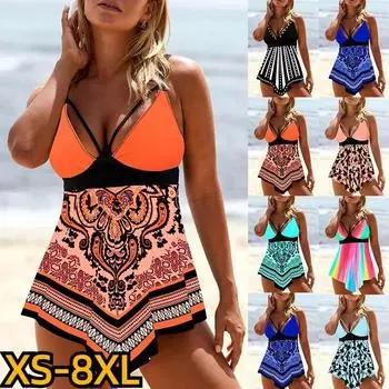 Новинка 2024 года, летняя пляжная одежда, пляжный купальник из двух предметов, танкини с 3D принтом, женские модные свободные монокини, купальник XS-8XL S разноцветный