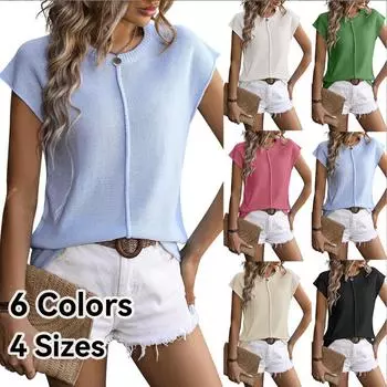 Новинка 2024 года, летняя трансграничная европейская и американская одежда Amazon, женские топы с круглым вырезом, трикотажные, повседневные, с короткими рукавами, толстой иглой S зелёный