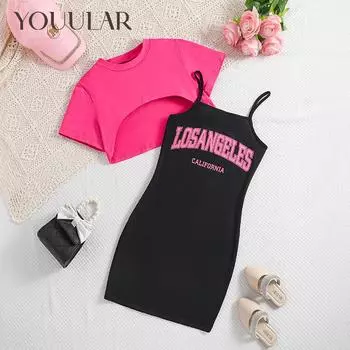 Новинка 2024 года, летняя юбка на подтяжках для девочек с принтом букв + красный топ с короткими рукавами, комплекты из 2 предметов, детская одежда 8Y чёрный