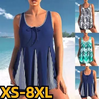 Новинка 2024 года, летняя женская пляжная одежда в стиле ретро с 3D принтом, купальник, женский купальный костюм на бретельках с открытой спиной, женский танкини из двух предметов с высокой талией S чёрный