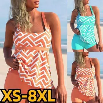 Новинка 2024 года, летняя женская пляжная одежда в стиле ретро с 3D принтом, купальник, женский купальный костюм на бретельках с открытой спиной, женский танкини из двух предметов с высокой талией S синий