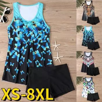 Новинка 2024 года, летняя женская пляжная одежда в стиле ретро с 3D принтом, купальник, женский купальный костюм на бретельках с открытой спиной, женский танкини из двух предметов с высокой талией S чёрный