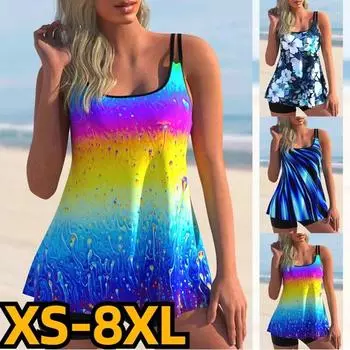 Новинка 2024 года, летняя женская пляжная одежда в стиле ретро с 3D принтом, купальник, женский купальный костюм на бретельках с открытой спиной, женский танкини из двух предметов с высокой талией