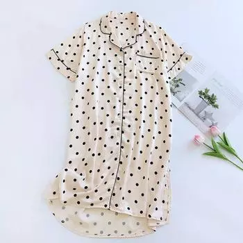 2025 Новая летняя женская спальная юбка с воротником-стойкой из вискозного волокна, юбка с короткими рукавами в горошек, удобная домашняя ярость из гонсатина M