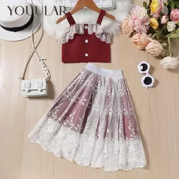 Новинка 2024 года, летняя жилетка без рукавов для девочек + модная кружевная юбка с вышивкой, комплект из 2 предметов 3T