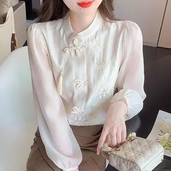 Новинка 2024 года, мода в китайском стиле, осенняя шифоновая блузка с длинным рукавом и воротником-стойкой, вышитая кисточками, женская рубашка, топы, блузки, рубашки J435 S абрикосовый