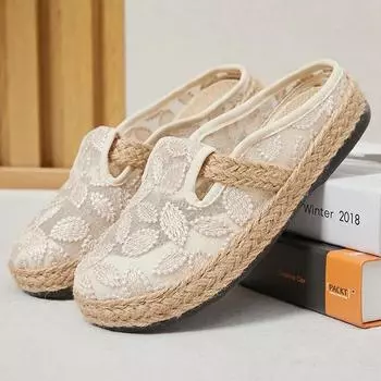 Новинка 2024 года, модная льняная дышащая обувь в этническом стиле с вышивкой для женщин, повседневные женские полутапочки Zapatos De Mujer 36 чёрный