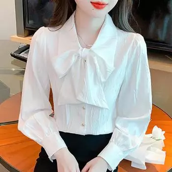 Новинка 2024 года, модная осенняя белая шифоновая блузка с длинным рукавом, бантом, отложным воротником, рубашка для женщин, топы, блузки, рубашки J507 S белый