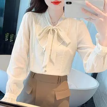 Новинка 2024 года, модная осенняя блузка с длинным рукавом и V-образным вырезом, повседневная шифоновая блузка со шнуровкой и бантом, женская рубашка, топы, блузки, рубашки J453 S абрикосовый