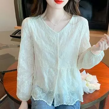Новинка 2024 года, модная осенняя блузка с длинным рукавом и V-образным вырезом, вышитая абрикосовая рубашка, женские топы, блузки, рубашки J502 S абрикосовый