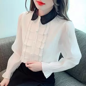 Новинка 2024 года, модная осенняя блузка с длинным рукавом и воротником-куклой, повседневная абрикосовая шифоновая блузка, рубашка, женские топы, блузки, рубашки J504 S абрикосовый