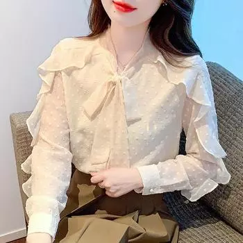 Новинка 2024 года, модная осенняя блузка с длинным рукавом и бантом, повседневная, с оборками, абрикосовая, шифоновая, женская, топы, блузки, рубашки J533 S абрикосовый