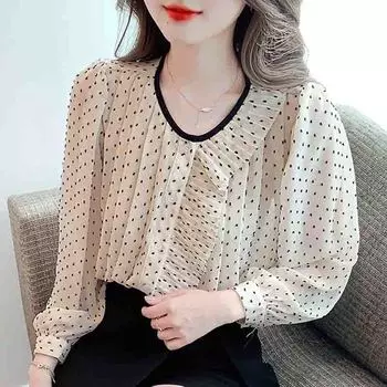 Новинка 2024 года, модная осенняя блузка с длинным рукавом и оборками с круглым вырезом, повседневная шифоновая блузка в горошек, женская рубашка, топы, блузки, рубашки J541 S