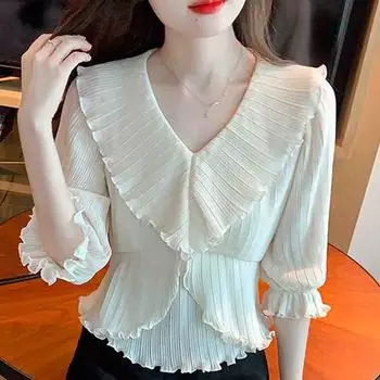 Новинка 2024 года, модная осенняя блузка с длинным рукавом и оборками, V-образным вырезом, повседневная абрикосовая шифоновая блузка, рубашка, женские топы, блузки, рубашки J564 S абрикосовый