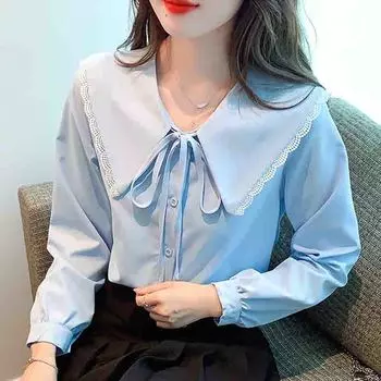 Новинка 2024 года, модная осенняя повседневная белая синяя блузка с длинным рукавом и воротником-стойкой, женские топы, блузки, рубашки J550 S белый
