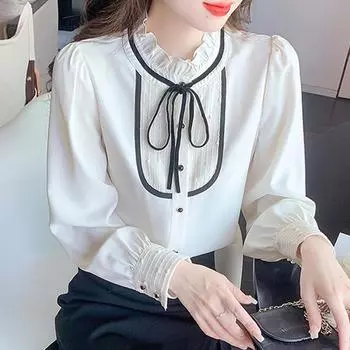 Новинка 2024 года, модная осенняя повседневная блузка с длинным рукавом и оборками на шнуровке, с воротником-стойкой, женские топы, блузки, рубашки J449 S абрикосовый