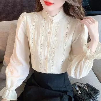 Новинка 2024 года, модная осенняя повседневная блузка с длинным рукавом и воротником-стойкой, женская рубашка, топы, блузки, рубашки J457 S абрикосовый