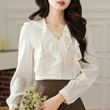 Новинка 2024 года, модная осенняя повседневная шифоновая блузка с длинным рукавом и оборками с V-образным вырезом, женская рубашка, топы, блузки, рубашки J426 S абрикосовый