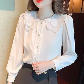 Новинка 2024 года, модная осенняя повседневная шифоновая блузка с длинным рукавом и воротником-куклой, женская рубашка, топы, блузки, рубашки J465 S абрикосовый