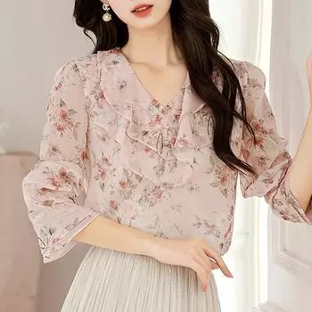 Новинка 2024 года, модная осенняя шифоновая блузка с длинным рукавом и оборками, V-образным вырезом, с принтом, женская рубашка, топы, блузки, рубашки J431 S