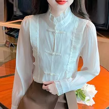 Новинка 2024 года, модная осенняя шифоновая блузка в китайском стиле с длинным рукавом и оборками, украшенная бисером, женская рубашка, топы, блузки, рубашки J492 S абрикосовый