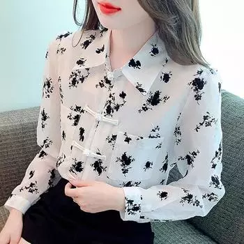 Новинка 2024 года, модная шифоновая блузка с длинным рукавом в китайском стиле для офиса, с отложным воротником и карманом, с принтом, женская рубашка, топы, блузки, рубашки J500 S белый