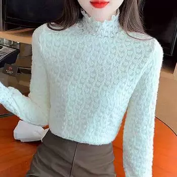 Новинка 2024 года, модная зимняя блузка с длинным рукавом и полувысоким воротником, тонкая абрикосовая бархатная кружевная блузка, женская рубашка, топы, блузки, рубашки J792 S абрикосовый