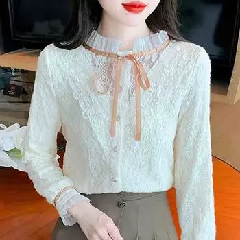 Новинка 2024 года, модная зимняя блузка с длинным рукавом, на шнуровке, с оборками, с воротником, тонкая оборка, бархатная кружевная блузка, рубашка, женские топы, блузки, рубашки J799 S абрикосовый