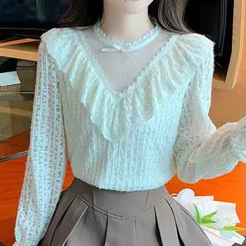 Новинка 2024 года, модная зимняя блузка с длинным рукавом и круглым вырезом, тонкая оборка, абрикосовое бархатное кружево, женская блузка, топы, блузки, рубашки J796 S абрикосовый