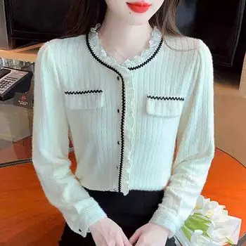 Новинка 2024 года, модная зимняя блузка с длинным рукавом и круглым вырезом, абрикосовая бархатная кружевная блузка, женская рубашка, топы, блузки, рубашки J785 S абрикосовый