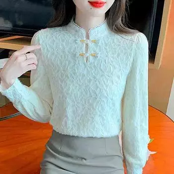 Новинка 2024 года, модная зимняя блузка в китайском стиле с длинным рукавом и воротником-стойкой из абрикосового бархата, кружевная рубашка для женщин, топы, блузки, рубашки J806 S абрикосовый