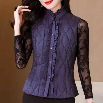 Новинка 2024 года, модная зимняя куртка без рукавов, воротник-стойка, фиолетовая, черная, пуховая и хлопковая куртка, жилеты, пальто, женские топы J817 S чёрный