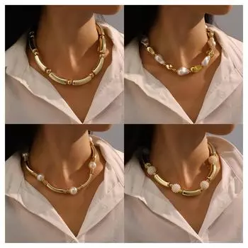Новинка 2024 года, модное женское ожерелье с нерегулярными геометрическими фигурами CCB, украшенное искусственным жемчугом, элегантное панк-ожерелье золотистого цвета, очаровательные ювелирные изделия
