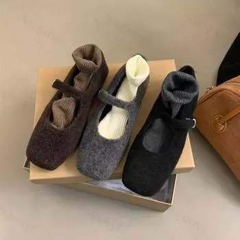 Новинка 2024 года, модные балетки с квадратным носком из флиса, женские осенне-зимние теплые шерстяные туфли Мэри Джейн, элегантные женские плюшевые мокасины 40 кофейный