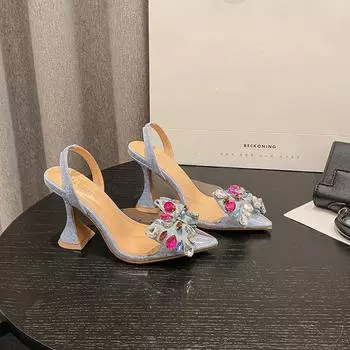 Новинка 2024 года, модные босоножки с острым носком и стразами. 35 синий