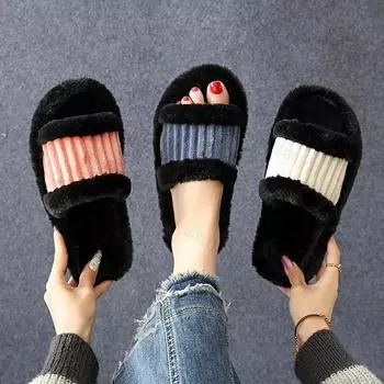 Новинка 2024 года, модные женские домашние тапочки, однотонные, с открытым носком, для дома, зимние, на плоской подошве, нескользящие, для отдыха, для дома, женская хлопковая обувь 36-37