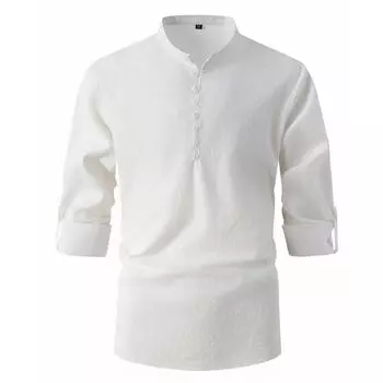 Новинка 2024 года, мужская модная ретро мужская весенне-осенняя хлопковая конопляная рубашка с воротником-стойкой, деловая тонкая повседневная рубашка с длинным рукавом S белый