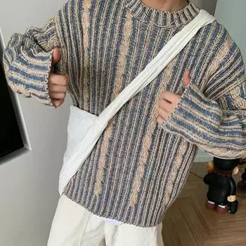 Новинка 2024 года, мужская роскошная брендовая толстовка, свитер, осень/зима, одежда в корейском стиле, контрастный пуловер с круглым вырезом в стиле ретро, вязаный M