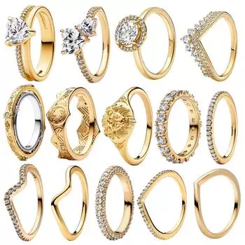 Новинка 2024 года, очаровательные кольца, двойное обручальное кольцо в форме сердца, подходит для оригинальных ювелирных изделий Pandora, прекрасный подарок 6&Gold-color