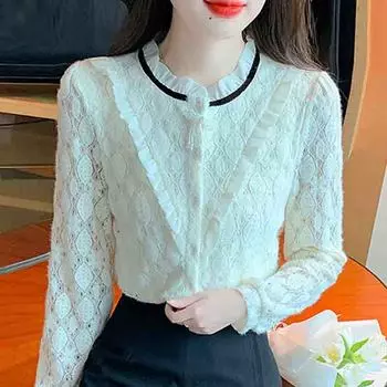 Новинка 2024 года, осень-зима, модная блузка с длинным рукавом и воротником-стойкой, абрикосового цвета, кружевная блузка, женская рубашка, топы, блузки, рубашки J787 S абрикосовый
