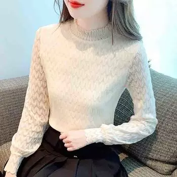 Новинка 2024 года, осень-зима, модная блузка с длинным рукавом и воротником-стойкой, абрикосового цвета, кружевная блузка, женская рубашка, топы, блузки, рубашки J766 S абрикосовый