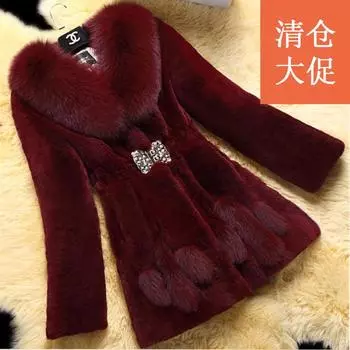 Новинка 2024 года, осенне-зимнее пальто, облегающее, средней и длинной длины, шуба из розового кролика, воротник из меха лисы, искусственный мех S белый