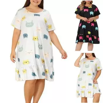 Новые платья для сна с принтом кошек больших размеров, домашняя одежда для женщин, летние свободные платья-футболки с короткими рукавами, повседневные свободные милые домашние платья с короткими рукавами для женщин 1XL белый