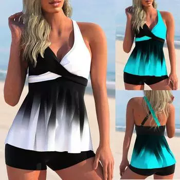 Новинка 2024 года, пляжные купальники, летние женские модные купальники-танкини, модный дизайн, купальный костюм с принтом, женский комплект из двух предметов, монокини S синий