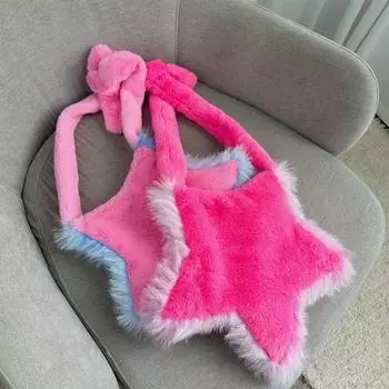 Новинка 2024 года, плюшевая сумка с пятиконечной звездой, меховая шерстяная сумка через плечо для женщин, осень и зима, для девушек, Ins Design, повседневная сумка-мессенджер роза розовый