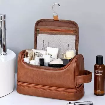 Новинка 2024 года, подвесная косметичка большой емкости, сумка для мытья из искусственной кожи, двухслойная мужская косметичка, органайзер для предметов первой необходимости в путешествии 28*12.5*16.5cm чёрный